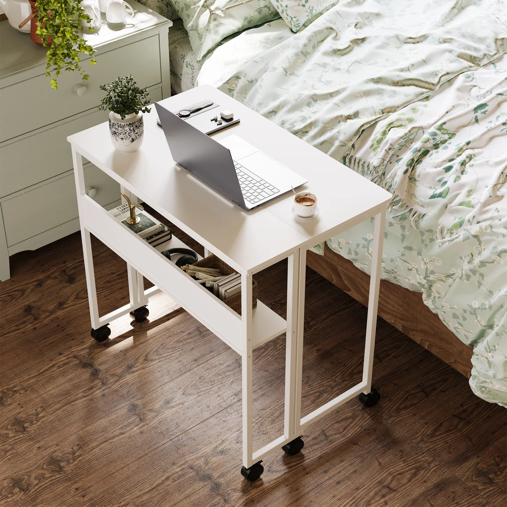 Compact 25" Folding Desk with Wheels Storage Shelf Foldable Computer Table for Small Spaces Home Office Dorm Sturdy Iron Frame Easy Assembly Natural Oak/White/Black