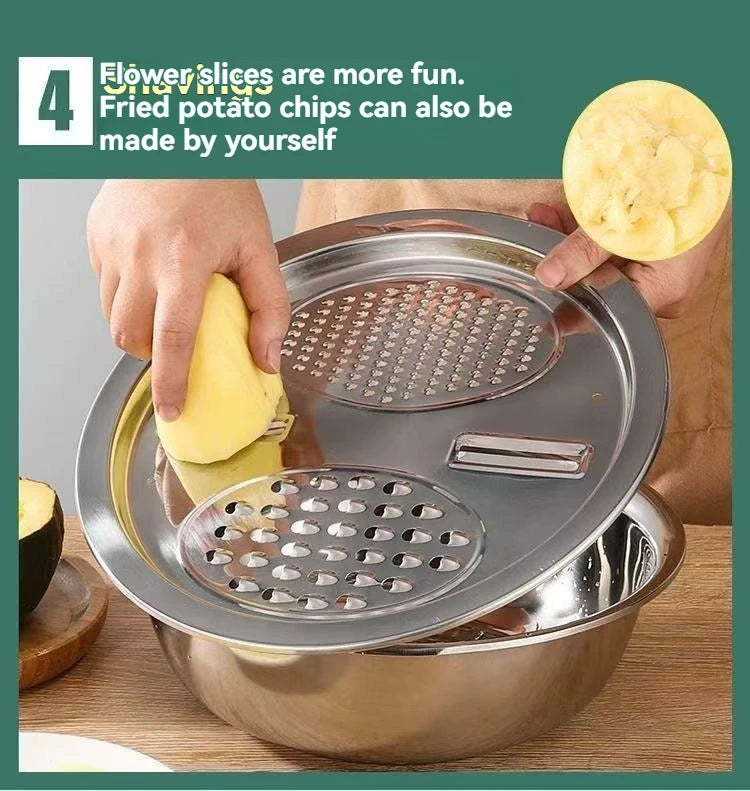 3PCS/1Set Vegetable Slicer, Stainless Steel Slicer, Potato Slicer, Vegetable Washing Basin, Drain Basket, Multifunctional