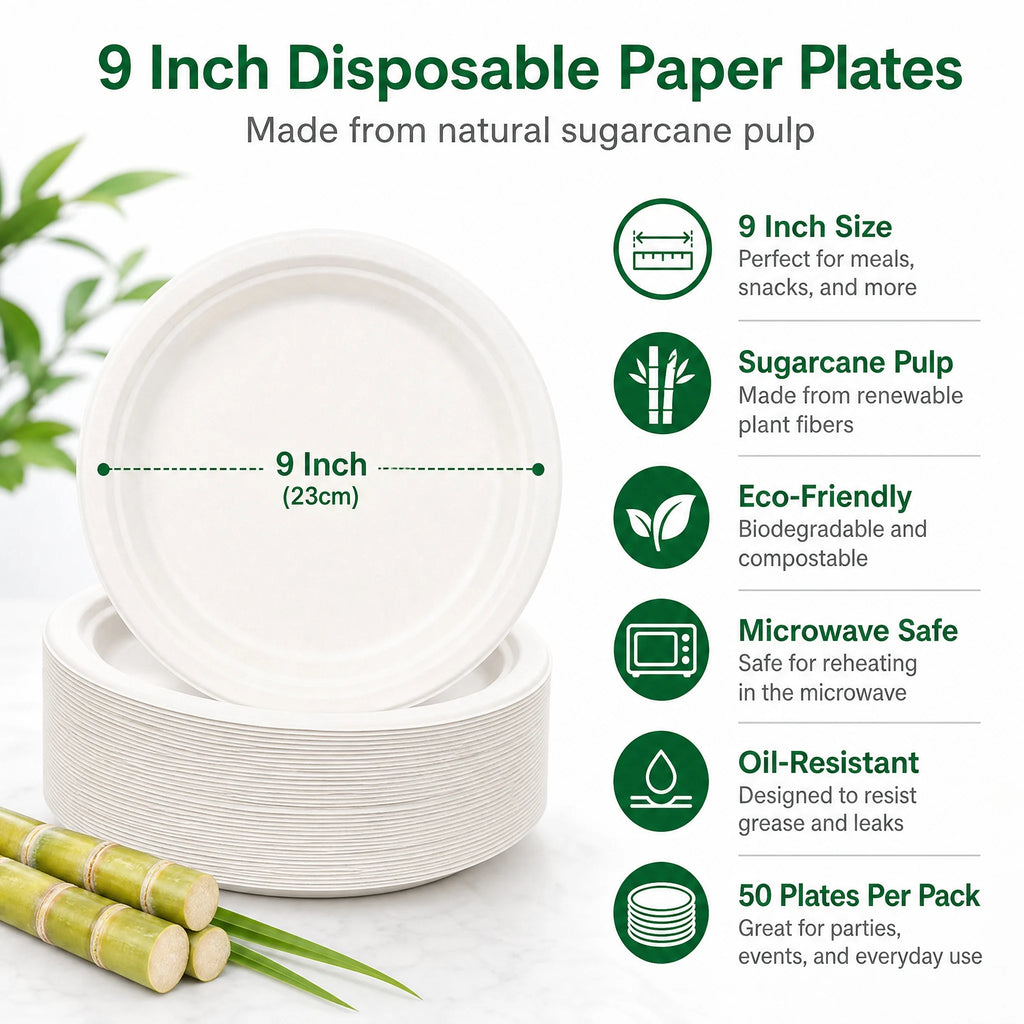 9 Inch Eco Plates 50 Pack, Made from Renewable Sugarcane, BPA-Free and Biodegradable, for Sustainable Parties and Daily Meals