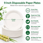 9 Inch Eco Plates 50 Pack, Made from Renewable Sugarcane, BPA-Free and Biodegradable, for Sustainable Parties and Daily Meals