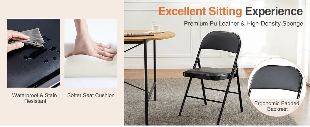 JHK Leather Padded Folding Living Room Chairs 2 Pack Sturdy Metal Foldable Chair Easy to Use and Storage Outdoor for Home Office