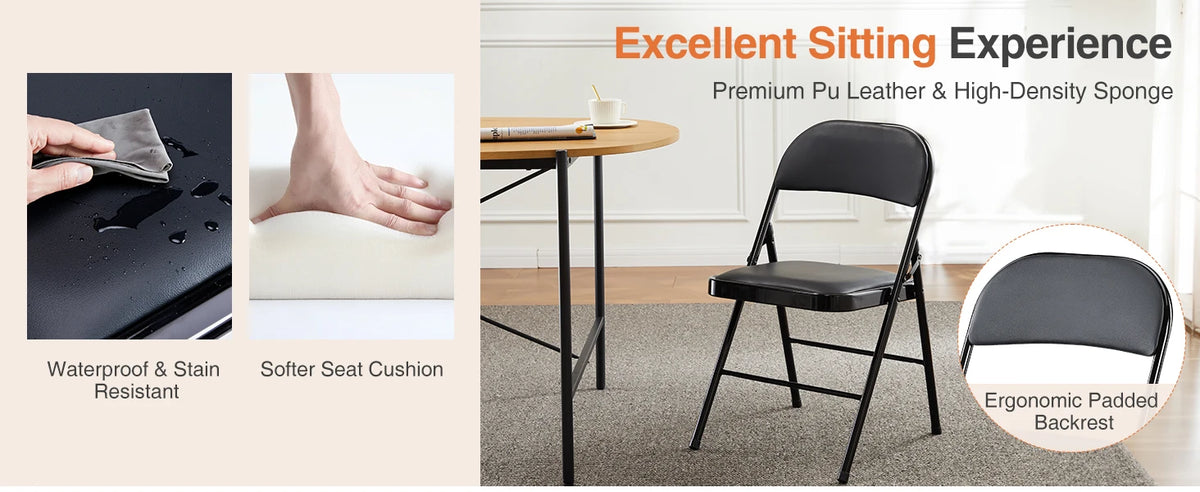 JHK Leather Padded Folding Living Room Chairs 2 Pack Sturdy Metal Foldable Chair Easy to Use and Storage Outdoor for Home Office