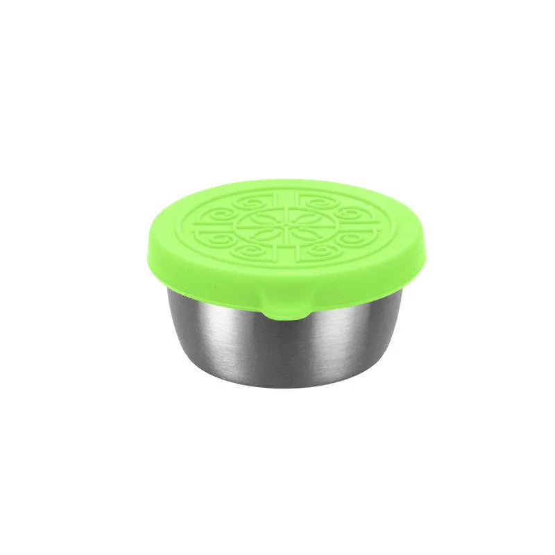 1 stainless steel dipping sauce cup, seasoning dish with leak-proof silicone lid, reusable salad dressing food container