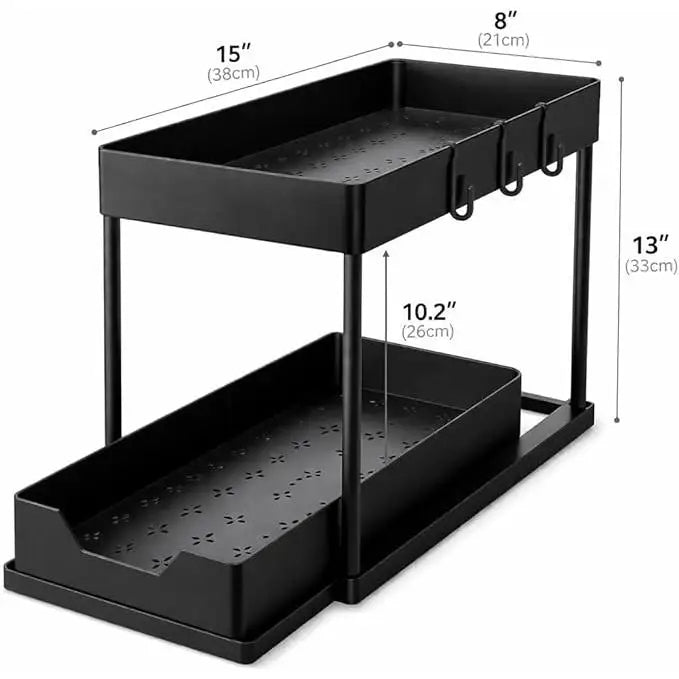 2 Tier Sliding Under Sink Organizer with 5 Side Hooks and 3 Detachable Hanging Baskets,Pull Out Rustproof Metal Storage Rack,Tool Free Assembly,Multi Scene Space Saving Shelf for Kitchen,Bathroom,Laundry Room,Pantry,Apartment