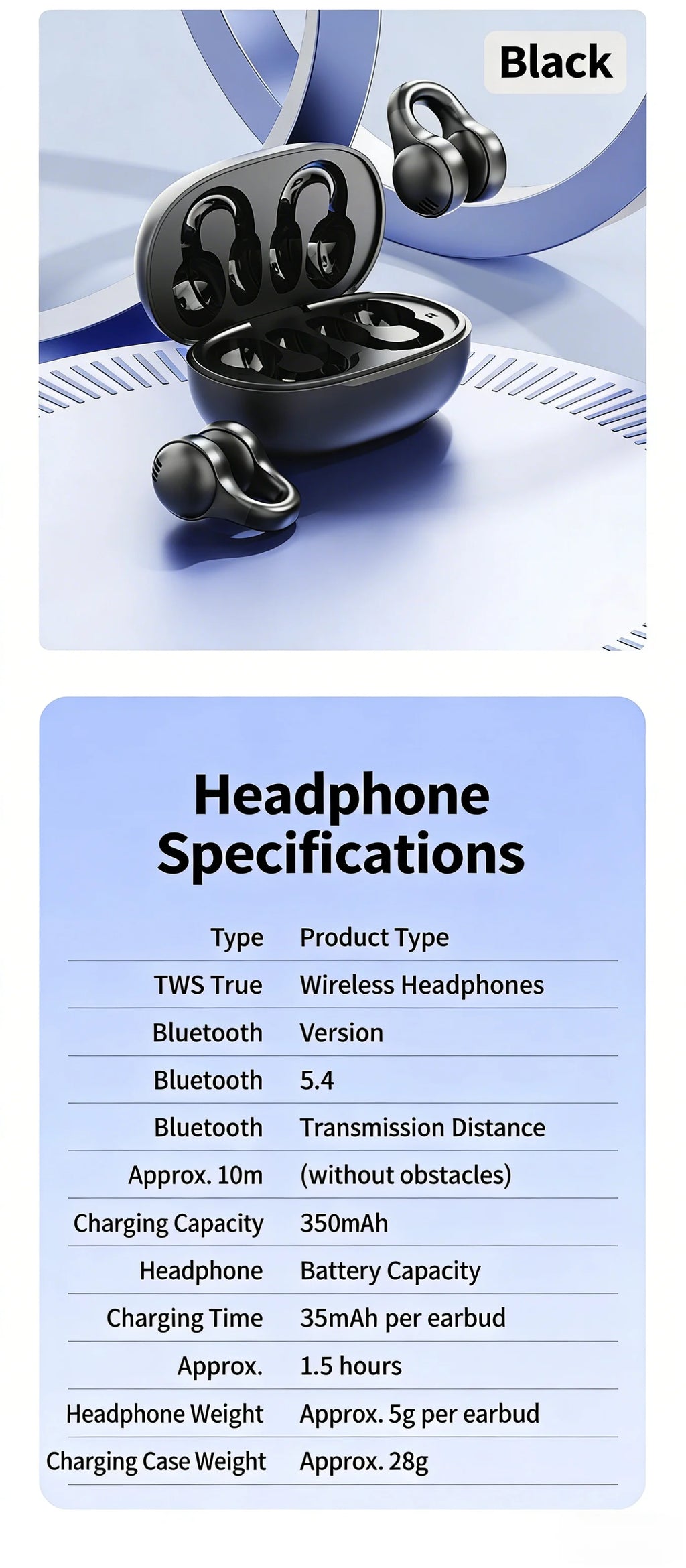 Sports Bluetooth Ear Clip Headphones LED Mirror Screen, HiFi Lossless Sound, Noise Cancelling, Soft Silicone Comfort Earphones