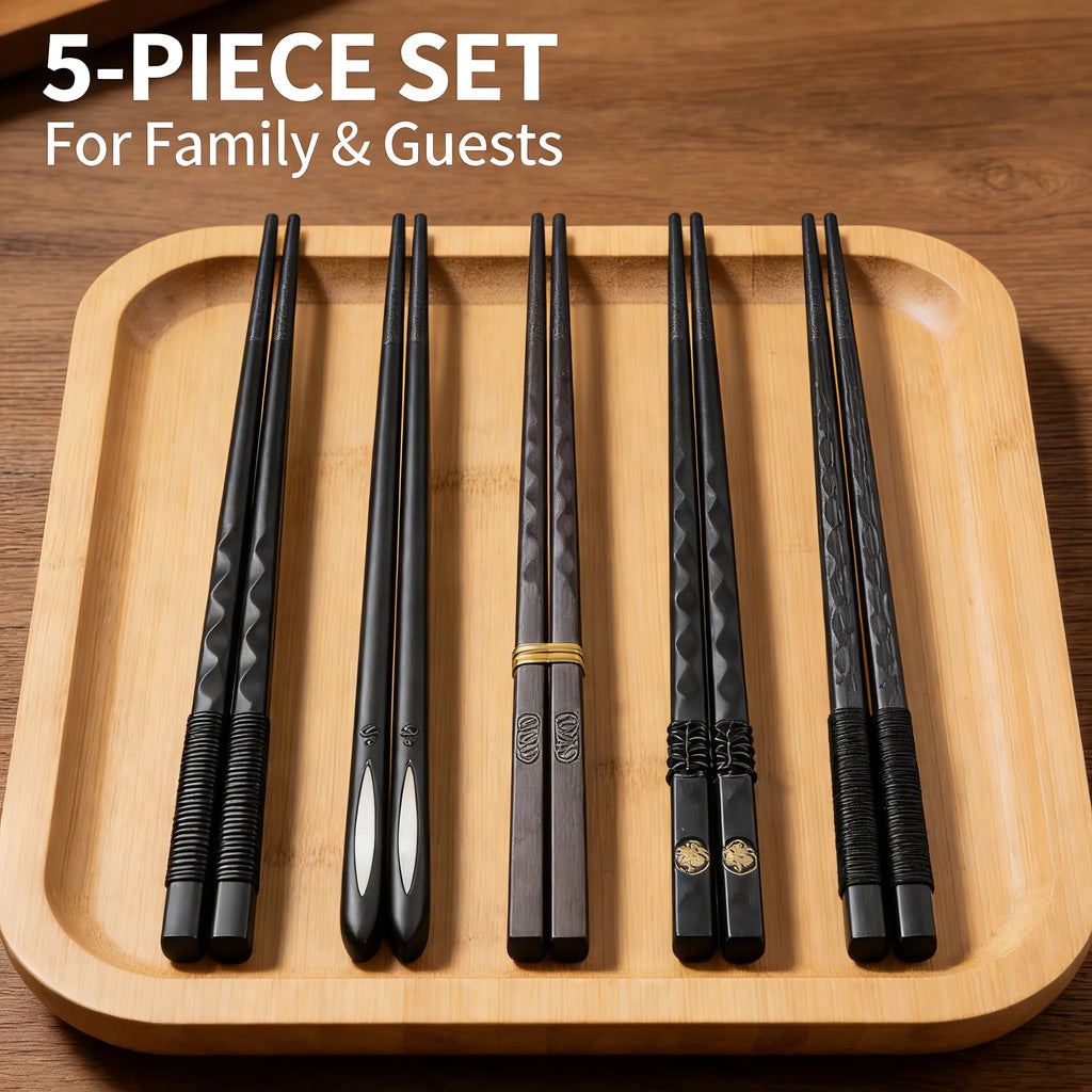 Black Alloy Chopsticks 5-Piece Set, Reusable Durable Kitchen Tableware