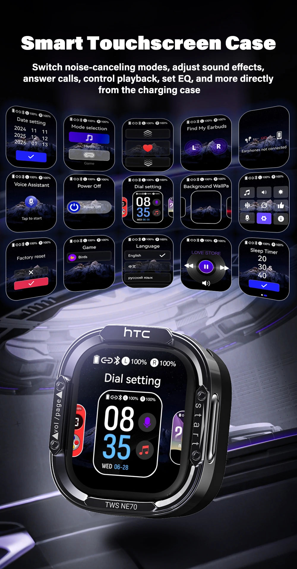Wireless Headphones Bluetooth HTC NE70 Earphones Microphones Earbuds AI Translator 30Hours of Battery Life Full HD LCD Display