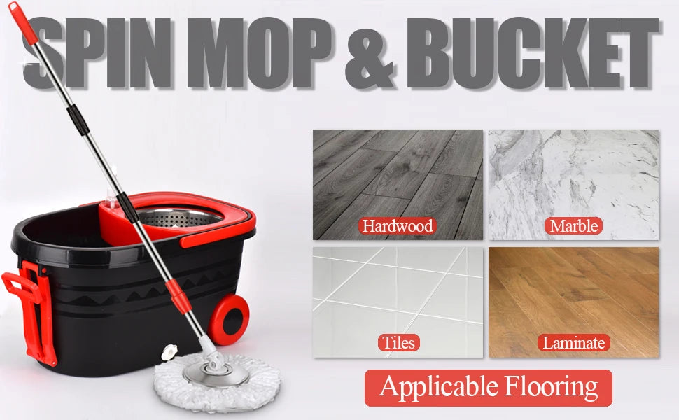 Black Spin Mop Bucket Sets Wrings System, Bucket with Wheels Extendable and Adjustable Handle, 3 Replacement Mop Refills