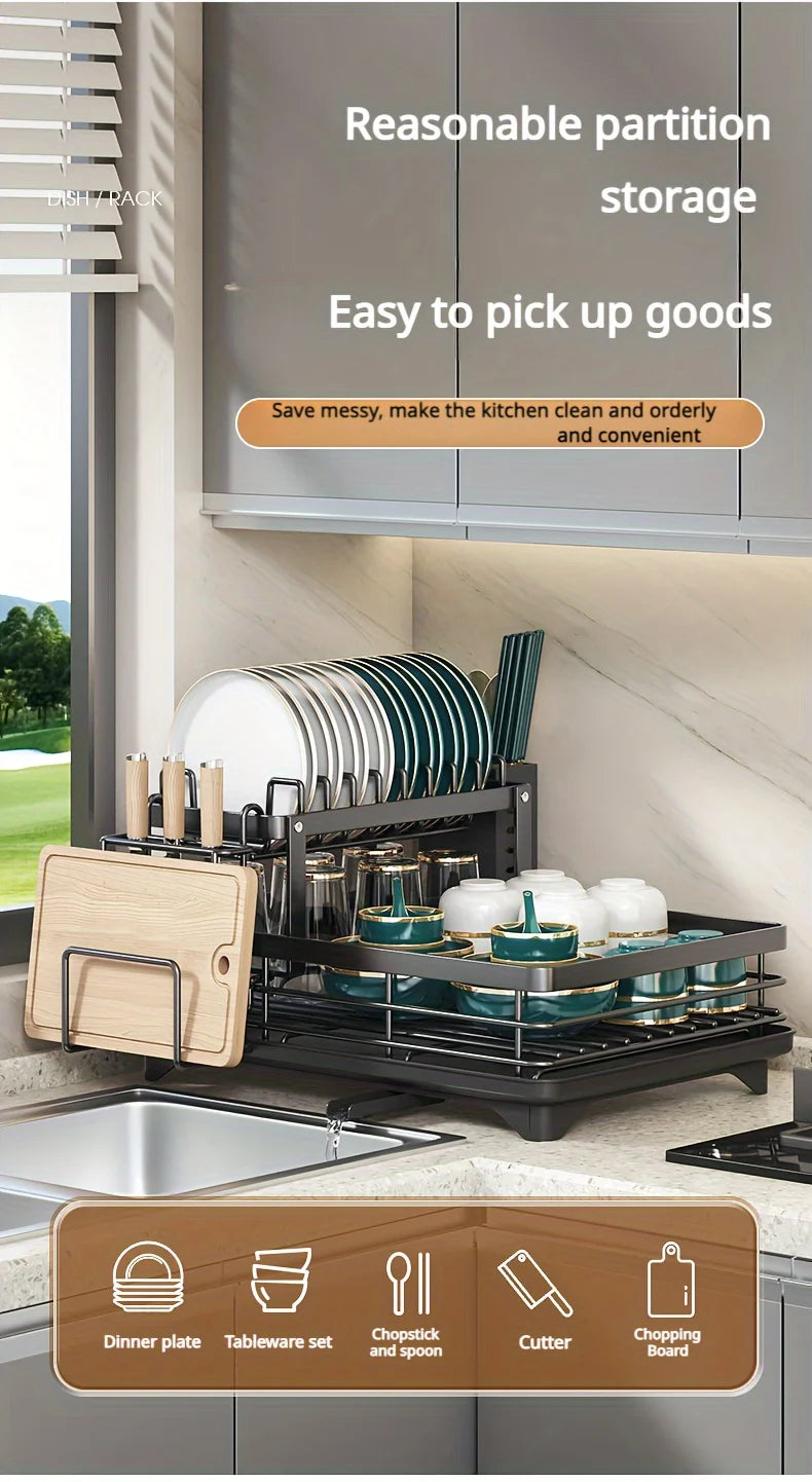 2-Tier Expandable Dish Drying Rack, Metal Kitchen Dish Rack and Drainboard Set with Knife Fork Holder & Cutting Board Organizer for Countertop
