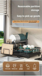 2-Tier Expandable Dish Drying Rack, Metal Kitchen Dish Rack and Drainboard Set with Knife Fork Holder & Cutting Board Organizer for Countertop