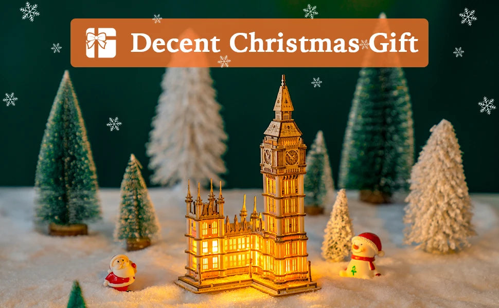 Rolife DIY Wooden 3D Puzzle Big Ben Model Building Kit Brain Teaser Puzzle Toy with LED Light for Home Decor Gifts for Adult Kid