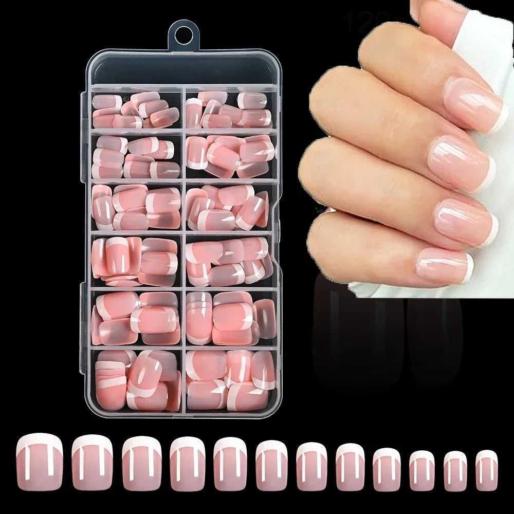 1pc Pink French Short Square Fake Nails 12-Sizes Full Cover Press On Nails Wearable Detachable Finished False Fingertips *TD