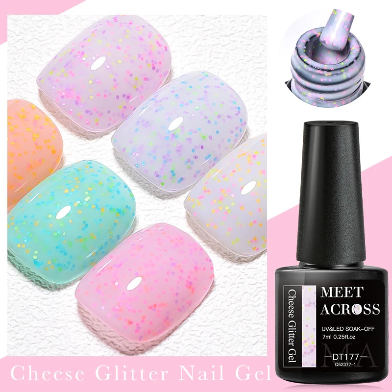 MEET ACROSS 7ml Cheese Glitter Sequins Gel Shimmer Candy Color Semi Permanent UV LED Gel For Nails Nail Art Hybrid Varnishes