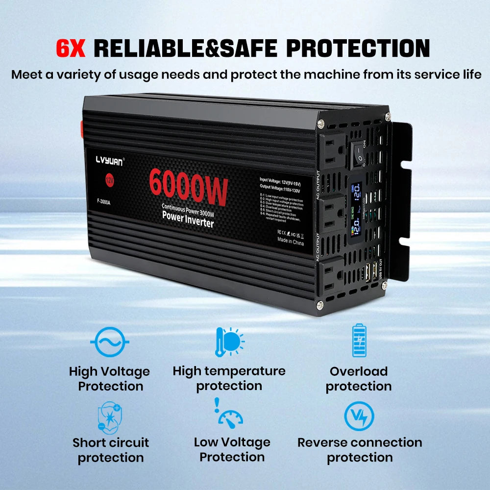 Car Power Inverter 1500W 2000W 2600W 6000W DC 12V To AC 120V Transformer with Dual Socket Charge,2×3.1A USB Port.