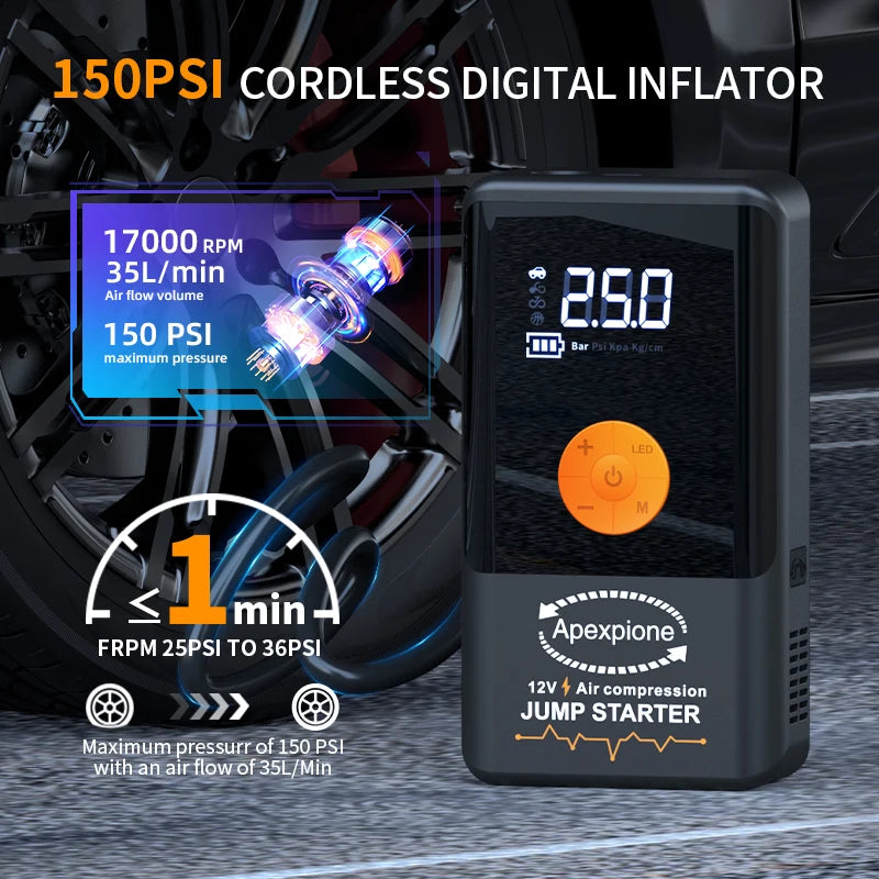 5-IN-1 Car Jump Starter with Air Compressor High Peak Auto Battery Booster 150PSI Air Pump Power Bank Tire Inflator