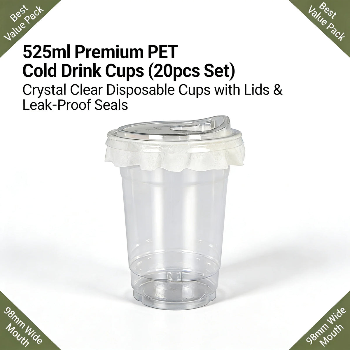 20 PCS PET Cold Drink Cups with Lids Leak-Proof Disposable Clear Plastic Cups for Iced Coffee Bubble Tea Smoothie