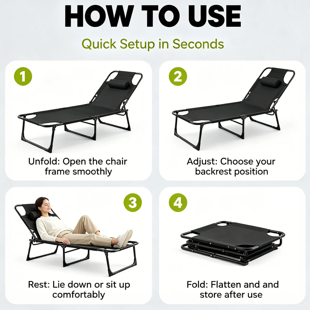 56cm Adjustable Folding Camping Lounge Chair with Removable Soft Cushion, 3 Position Reclining Portable Beach Tanning Chair, Heavy Duty 330 LBS Fold Up Outdoor Chaise Lounge for Pool Patio Office Napping Indoor & Backyard