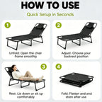 56cm Adjustable Folding Camping Lounge Chair with Removable Soft Cushion, 3 Position Reclining Portable Beach Tanning Chair, Heavy Duty 330 LBS Fold Up Outdoor Chaise Lounge for Pool Patio Office Napping Indoor & Backyard