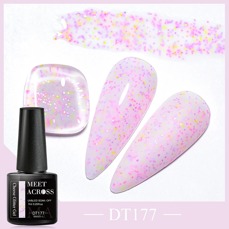 MEET ACROSS 7ml Cheese Glitter Sequins Gel Shimmer Candy Color Semi Permanent UV LED Gel For Nails Nail Art Hybrid Varnishes