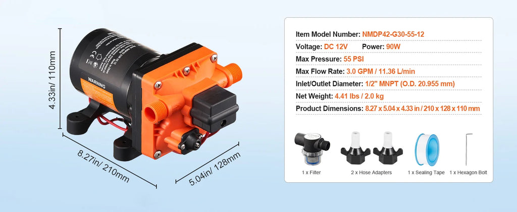SucceBuy 12V Diaphragm Pump 1.8/3/3.5/5 GPM 3/4/5-Chamber 40-100 PSI Adjustable 1/2'' MNPT Port for RV Yacht Food Truck Camper
