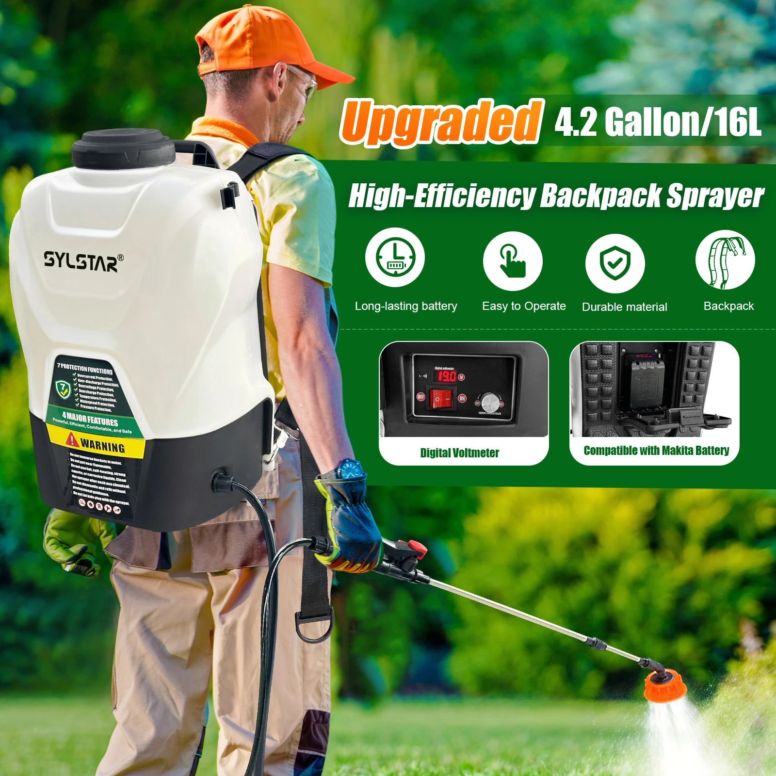 16L Garden Electric Sprayer Agricultural Irrigation Sprayer,Backpac Electric Weed Sprayer,100 PSI, Telescopic Wand, 5 Nozzles
