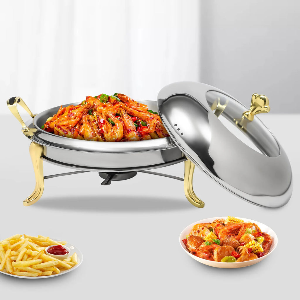 Round Gold Chafing Dish for Buffet 2.64QT Stainless Steel Food Warmer w/ Lid & Handle, Buffet Warmer Chafers  for Parties, Weddings, Catering