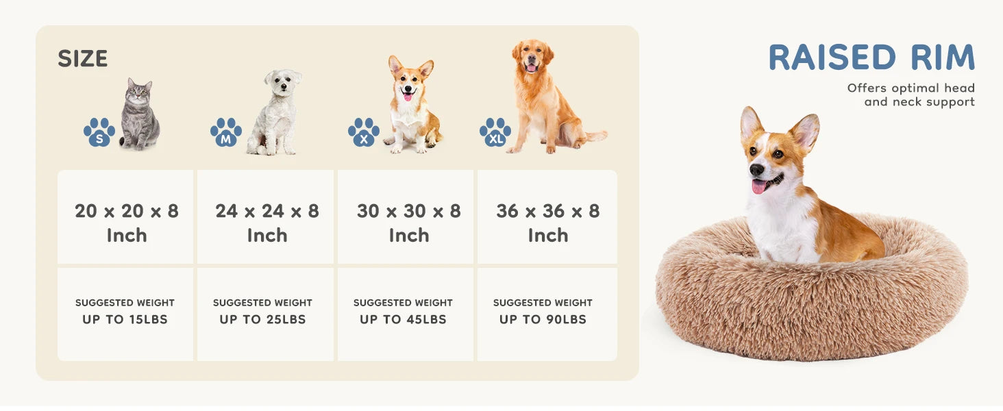 JHK Calming Dog Bed for Medium to Large Dogs Washable Large Pet Bed Anti-Slip Round Fluffy Plush Faux Fur Dog Bed