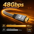 8K HDMI 2.1 Cable, 48Gbps Flat Braided HDMI Cord, Supports 8K60Hz and 4K120Hz, Aluminum Alloy Shell for TV, Monitor, Projector