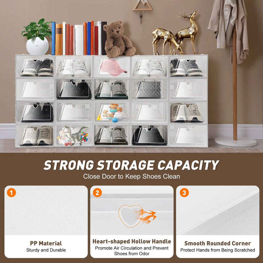 20Pcs Foldable Flip Shoe Storage Boxes Clear Plastic Shoes Case Shoe Organizer Dustproof, 33*23*14cm
