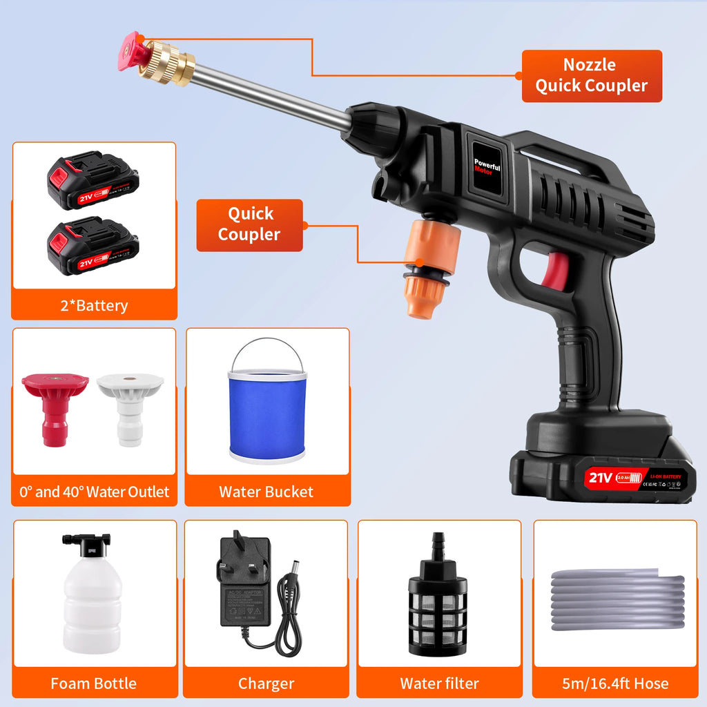 21V Cordless High Pressure Washer 60Bar Portable Wireless Cleaner with 2 Batteries Foam Cannon & Nozzles Handheld Washer for Car Garden Patio Outdoor Cleaning