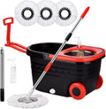 Black Spin Mop Bucket Sets Wrings System, Bucket with Wheels Extendable and Adjustable Handle, 3 Replacement Mop Refills