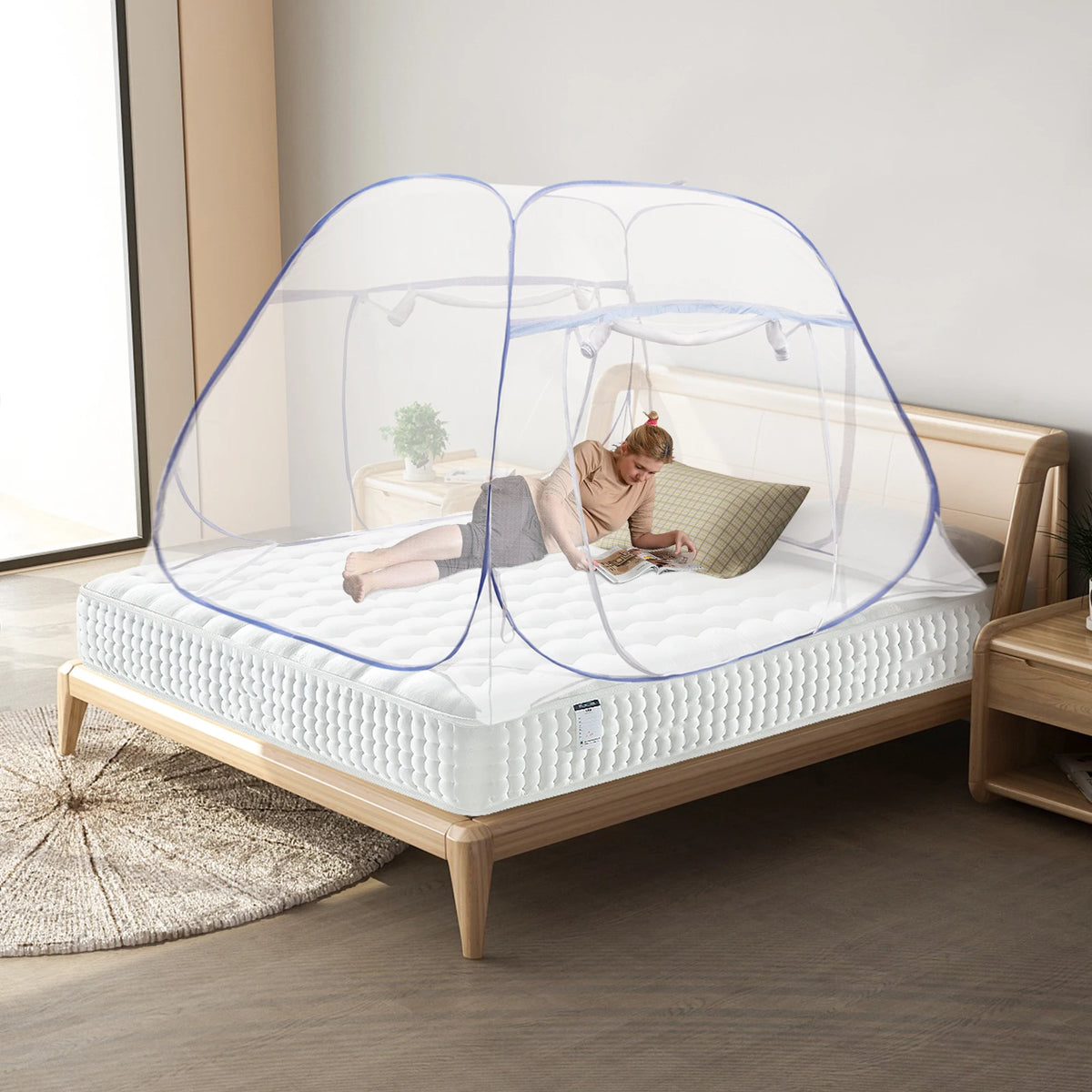 1.8M Blue Bed Cover Total Enclosed Anti-Mosquito Bed Canopy with Storage Bag Triple Door Double Zip Design Easy Installation