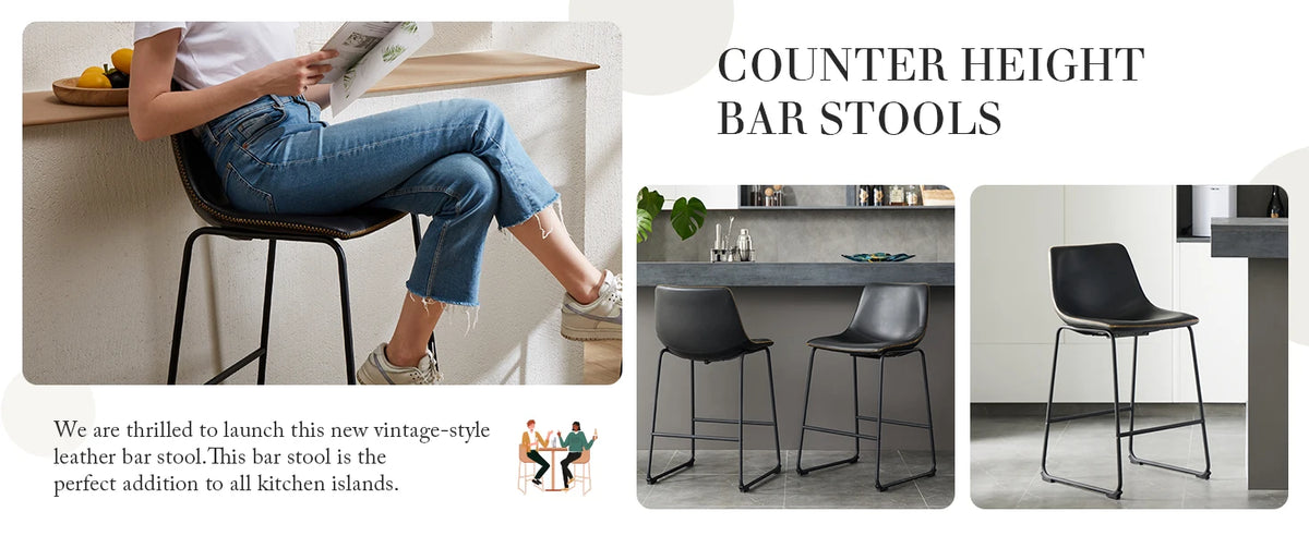 JHK Pu Leather Bar Stools Set of 2 Counter Height High Kitchen Dining Chairs Comfortable Sponge Cushion Island Modern Stool