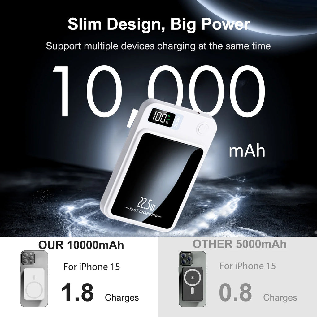 2-in-1 Wireless Magnetic Power Bank Fast Charging Portable PD 22.5W 10000mAh LED Power Display for iPhone 17/16/15/14 Samsung