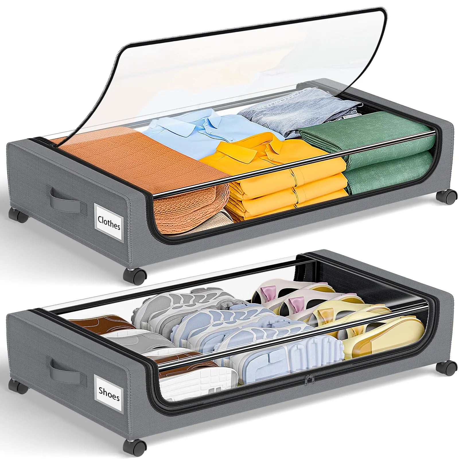 Under Bed Storage With Wheels, 2-Pack 48L Each Under The Bed Storage Containers With Clear Lids & Label, Underbed Storage Bins