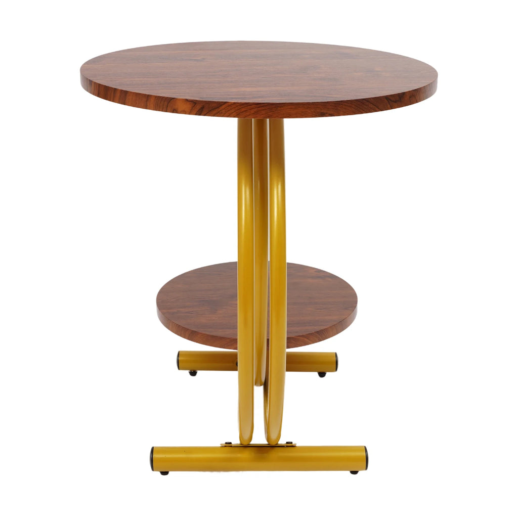 Clearance Sale 2-Tier Round End Table 55x55x60cm Gold Walnut with Storage Shelf Metal Frame Side Table with Hardware for Living Room Bedroom Office Home Decor