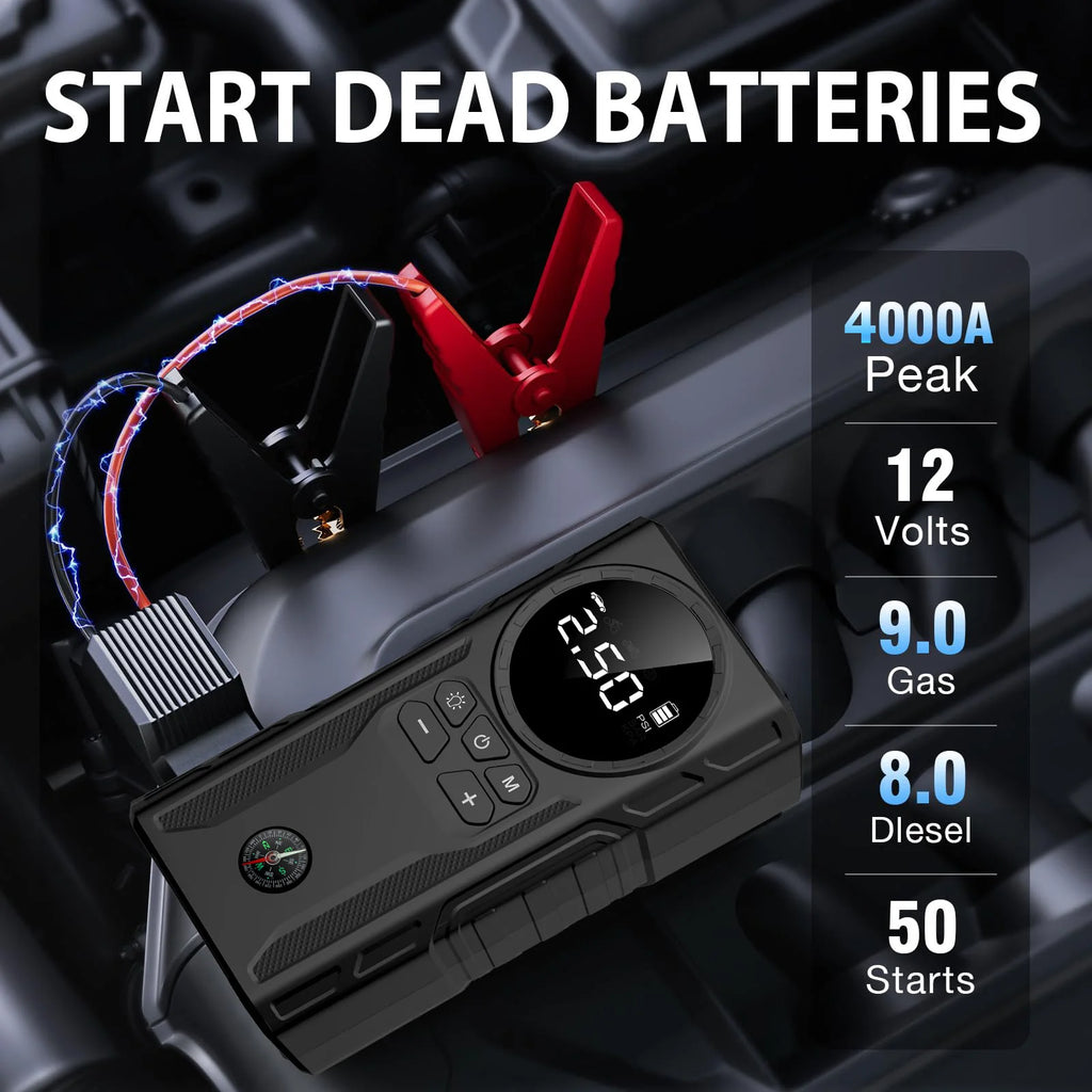 Jump Starter with Air Compressor, 4000A 150PSI Battery Jumper Starter Portable (9.0 Gas/8.0L Diesel)