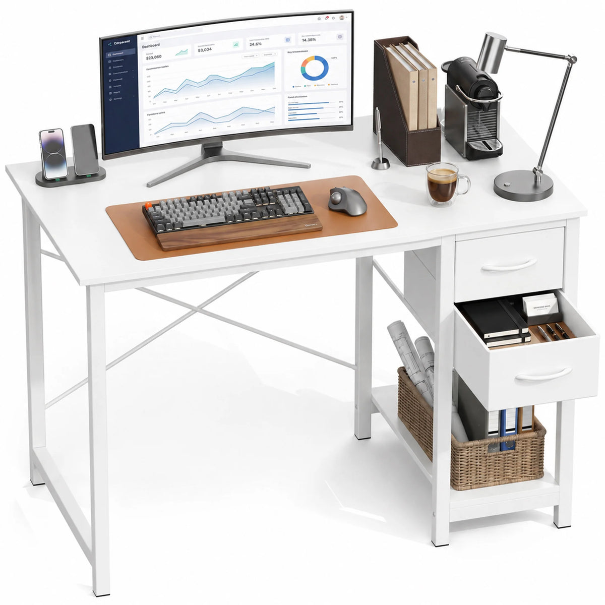MCQ 40 Inch Standing Office Computer Desk with Drawers and Side Hook Ergonomic Gaming Desk With Storage X‑Frame Stability For Home Office Small Space