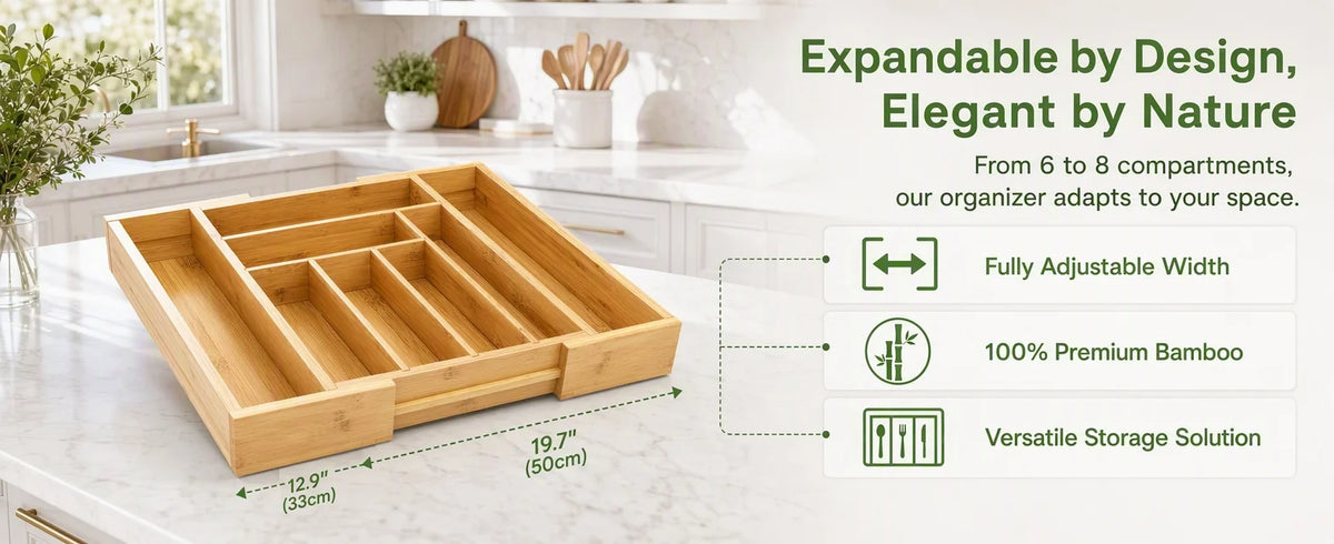Bamboo Expandable Drawer Organizer for Utensils Holder, Adjustable Silverware Organizer Cutlery Tray, Drawer Dividers for Utensils, Flatware, Knives in Kitchen, Bedroom, Living Room