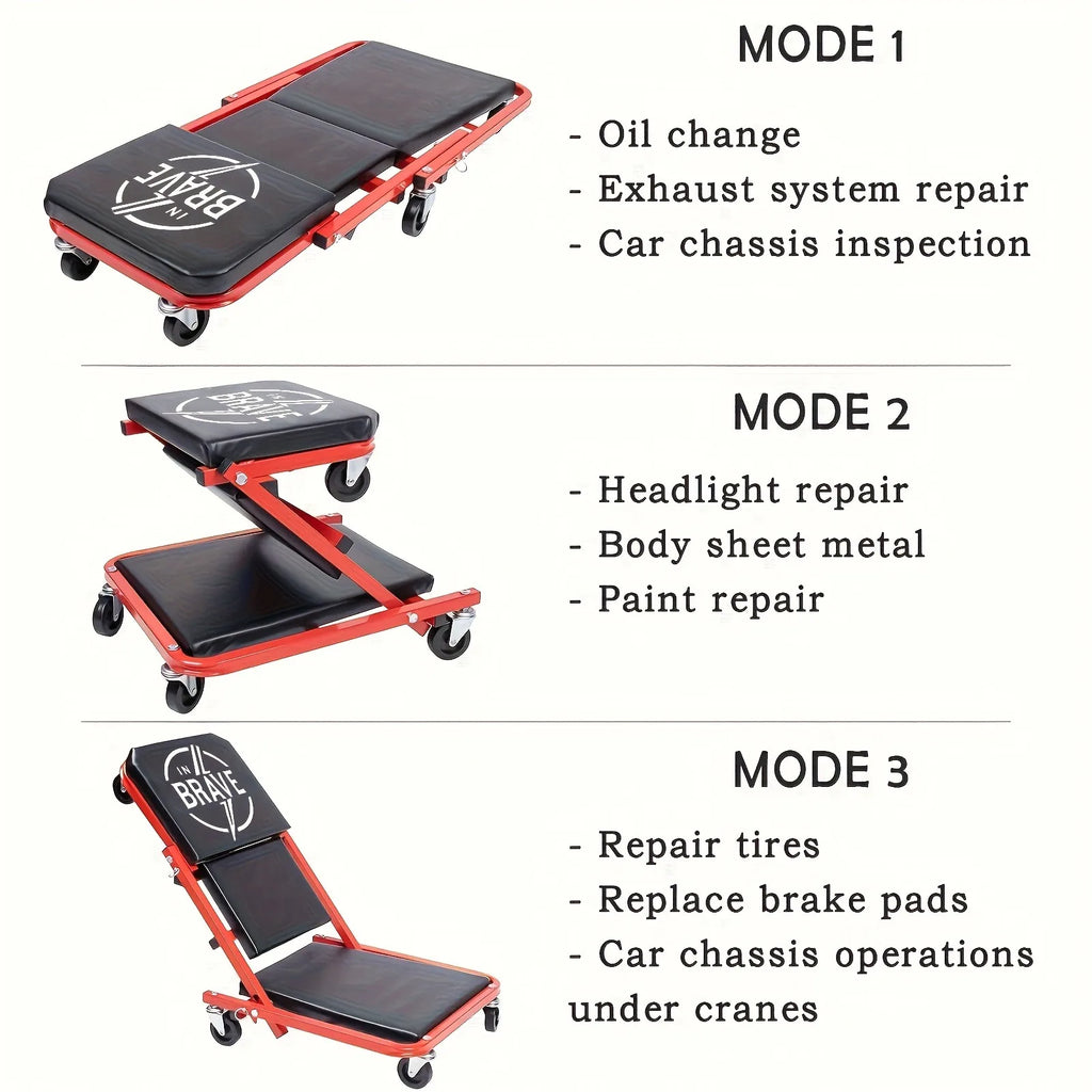 3-In-1 Auto Repair Bench with Roller Moving Tool Tray Foldable Adjustable Rolling Garage Seat 300 Lbs Capacity Lying Sitting Leaning with 6 Wheel Rollers