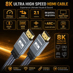 8K HDMI 2.1 Cable, 48Gbps Flat Braided HDMI Cord, Supports 8K60Hz and 4K120Hz, Aluminum Alloy Shell for TV, Monitor, Projector