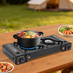 2 Burners Portable Camping Stove, 2.5KW Auto Ignition Butane/LPG Gas Stove w/Baking Tray+Carrying Case for RV Outdoor Picnic BBQ