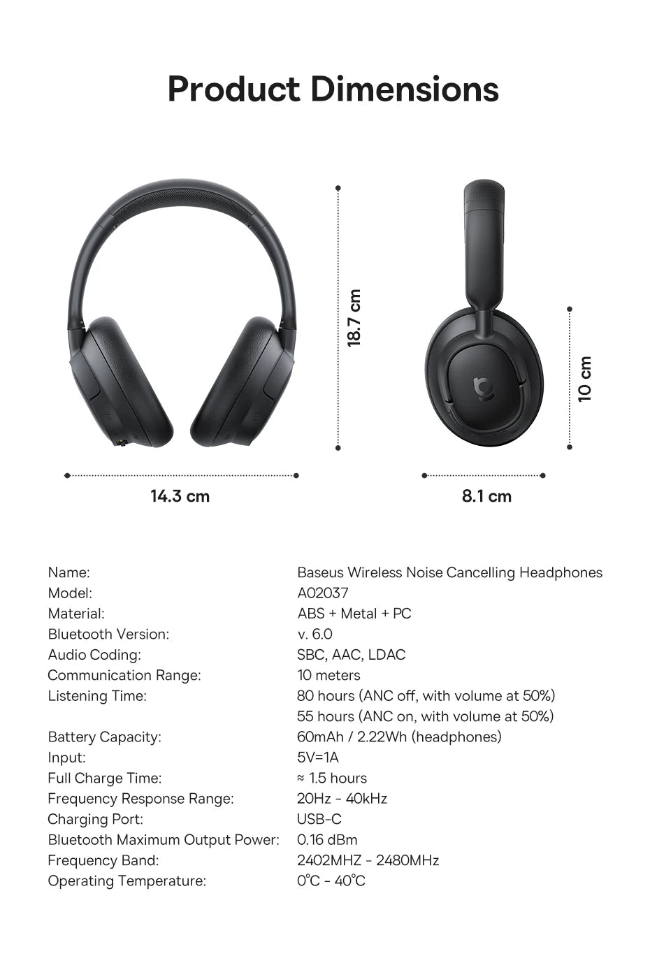 Baseus Bass Wireless Headphones Bluetooth 6.0 98% Noise Canceling Over Ear Headset Spatial Audio Earphone 80H Time