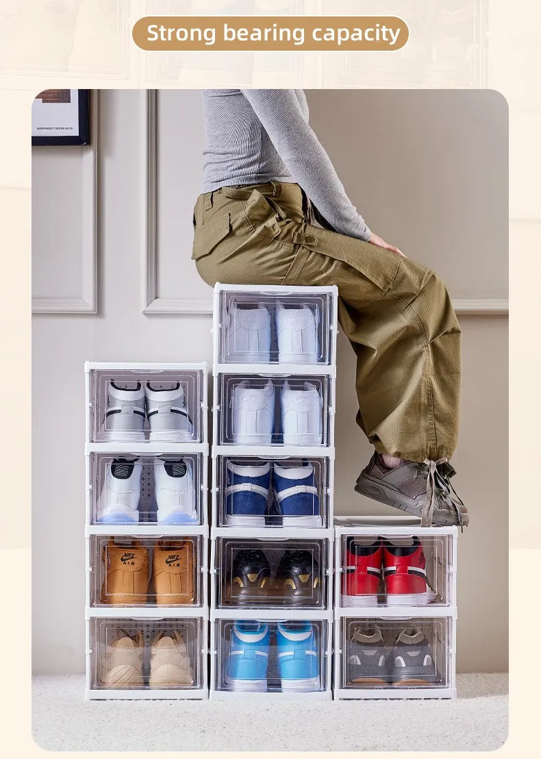 Foldable Clear Shoe Storage Organizer, Stackable Dustproof Thickened Sneaker, Shoe Box Rack Cabinet for Closet Dorm Apartment