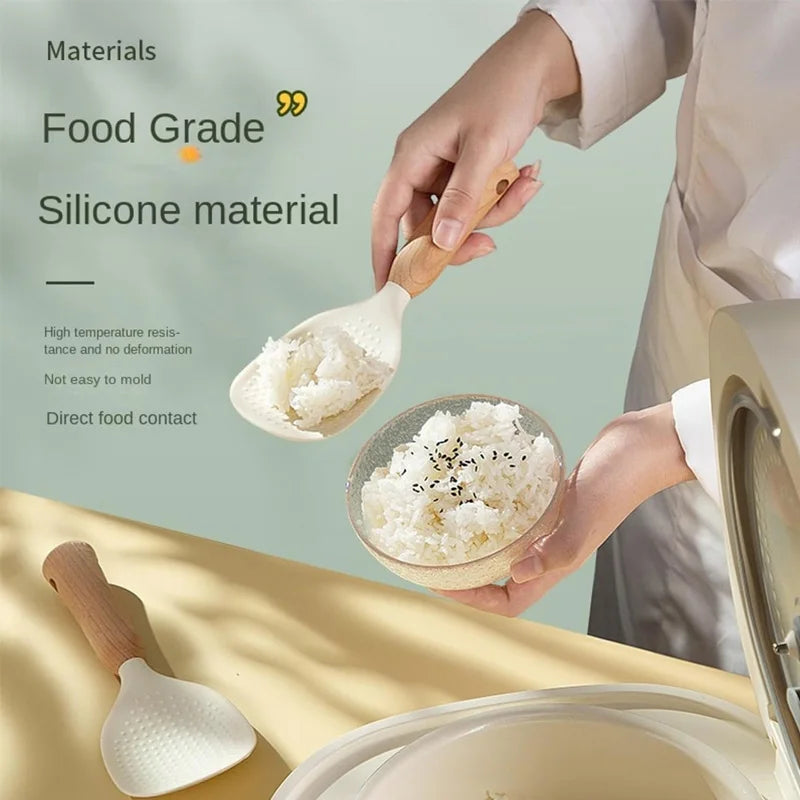 Wooden Handle Silicone Rice Spoon, Heat-Resistant, Anti-Scald, Odor-Free, for Home & Restaurants
