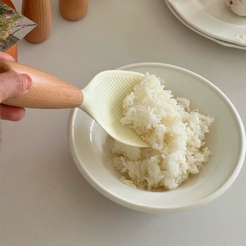 Wooden Handle Silicone Rice Spoon, Heat-Resistant, Anti-Scald, Odor-Free, for Home & Restaurants