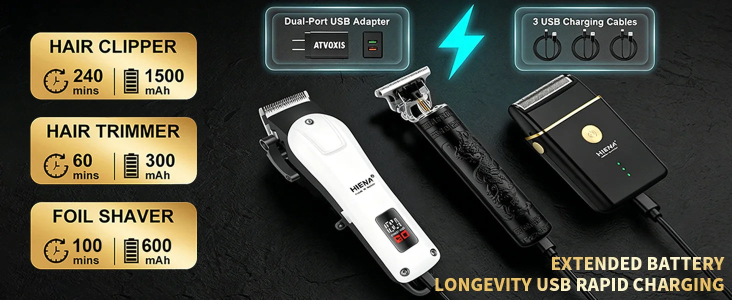 HIENA Professional Barber Kit Electric Hair Clipper Beard Shaver Detail Trimmer Cordless Rechargeable Titanium Blades for Home