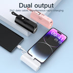 Mini portable 5000mAh power bank with built-in cable charging port, built-in LED lighting lamp, and built-in stand function