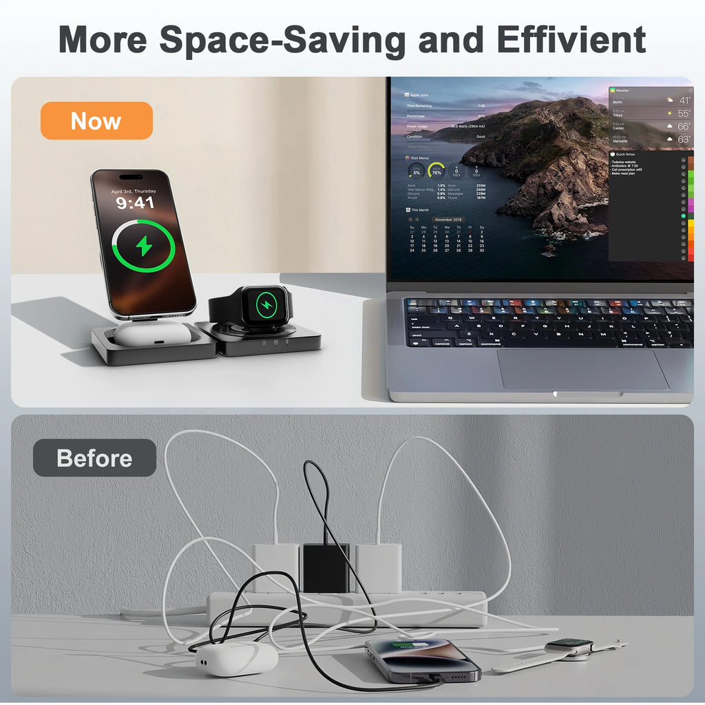 Magnetic Wireless Charger 3-in-1 Folding Fast Charging Station Foldable Travel for Magsafe  iPhone 17/16/15/14/13 Watch Airpods