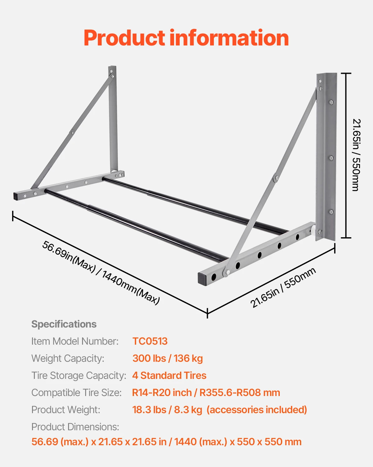 SucceBuy Wall Mounted Folding Tire Rack, 32" - 48" Adjustable Tire Rack, Steel Tire Storage Rack for Garage Workshop Repair Shop